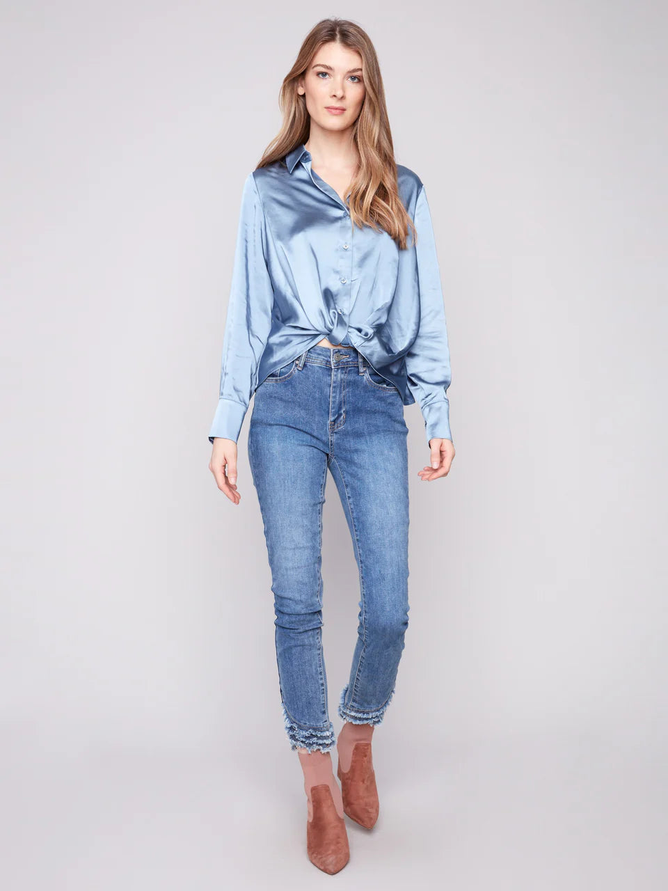 Satin Button-Down Shirt With Twisted Front - Oxford