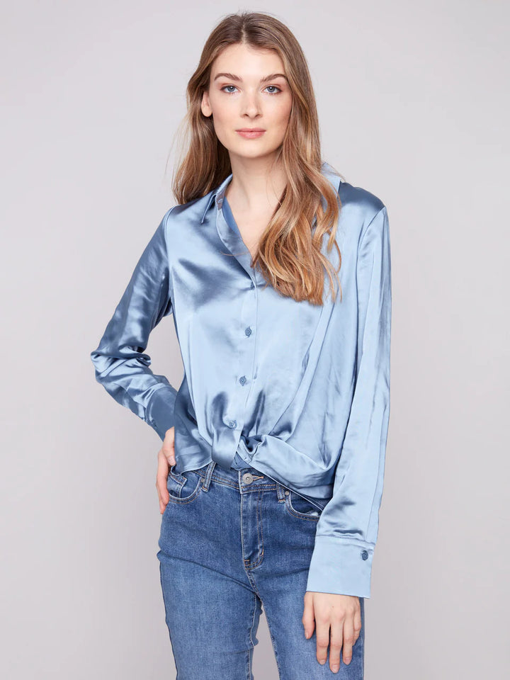 Satin Button-Down Shirt With Twisted Front - Oxford