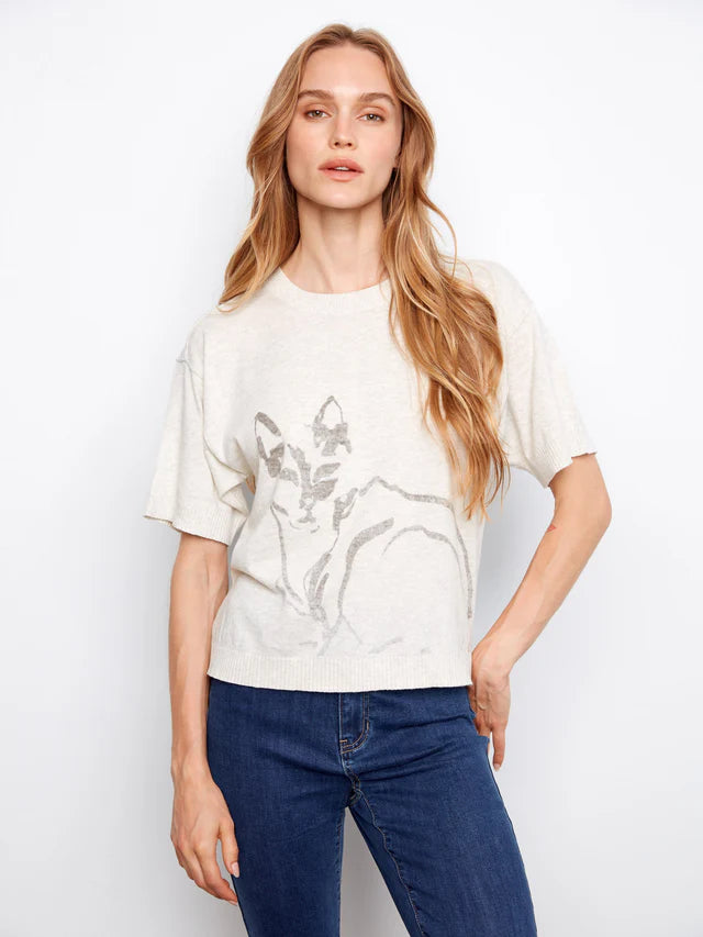 Short Sleeve Placed Print Crew Neck Sweater