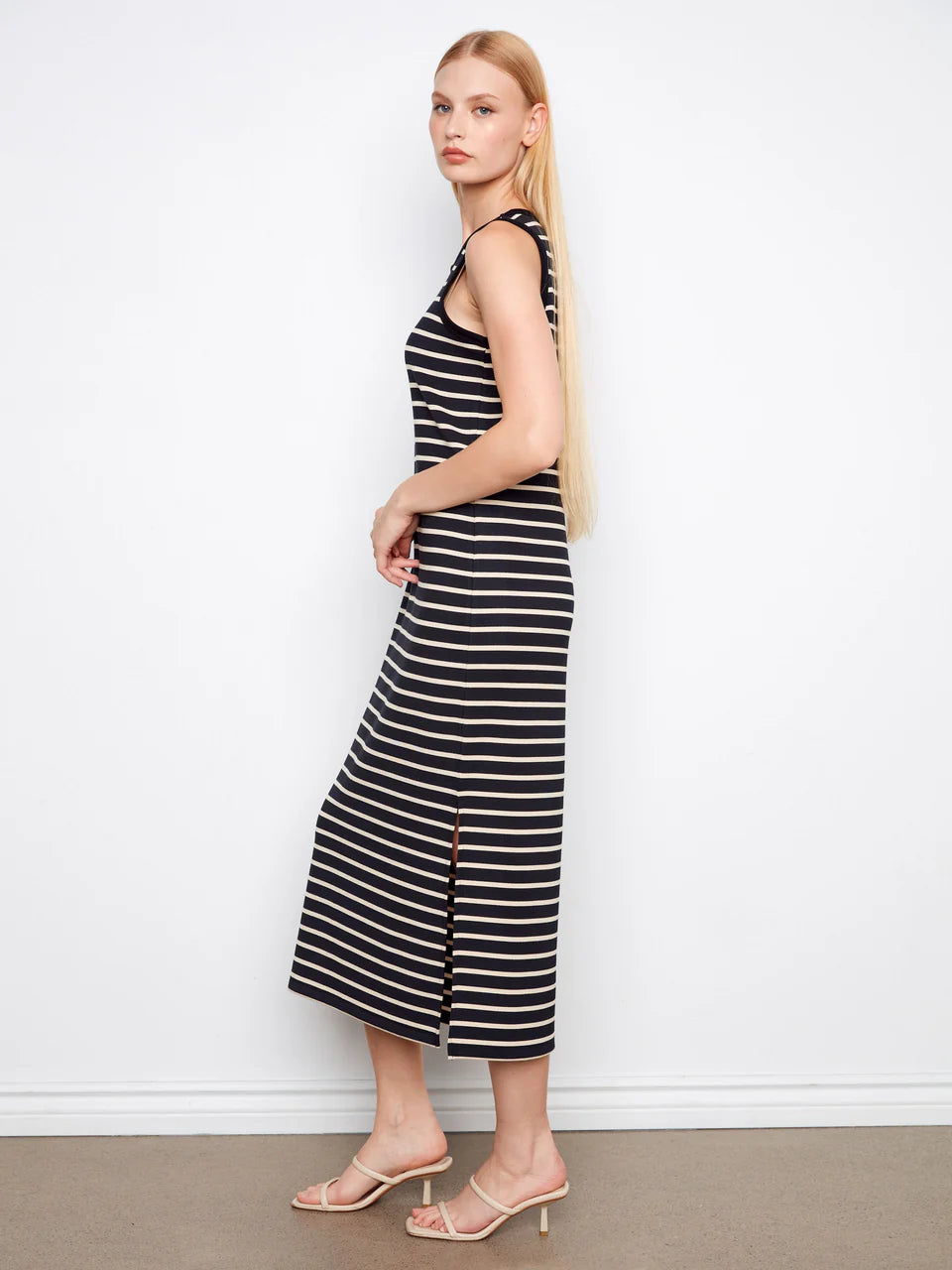 Sleeveless Striped Scuba Dress in Black