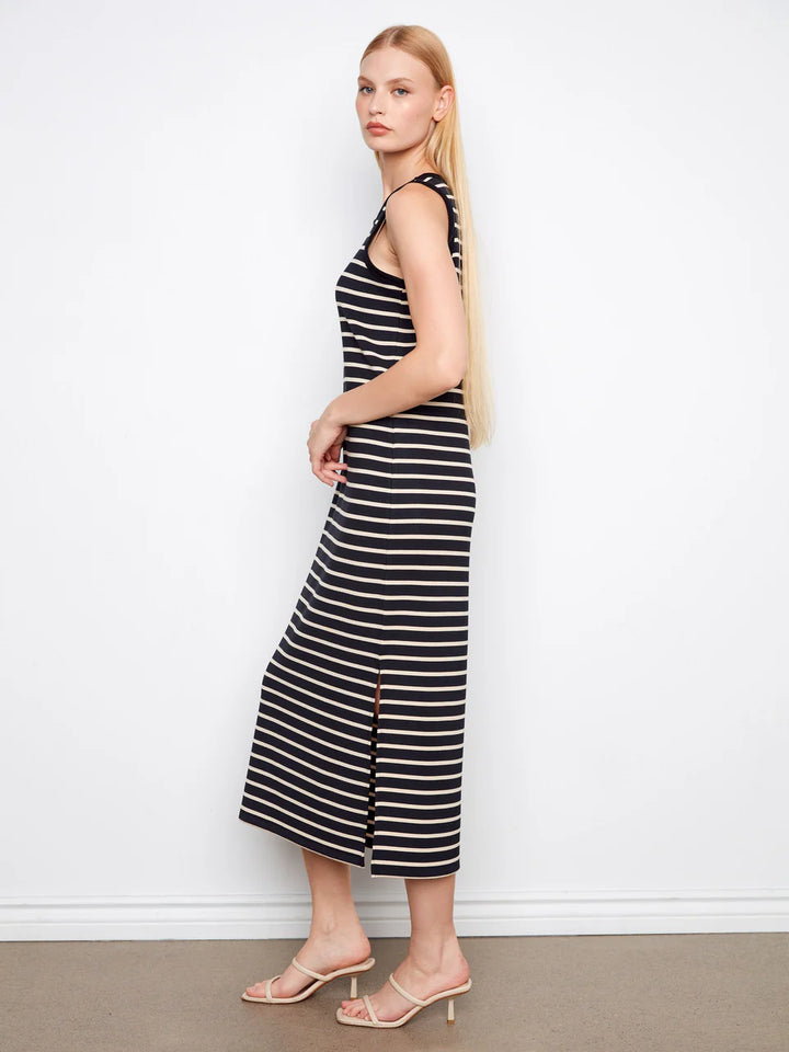 Sleeveless Striped Scuba Dress in Black