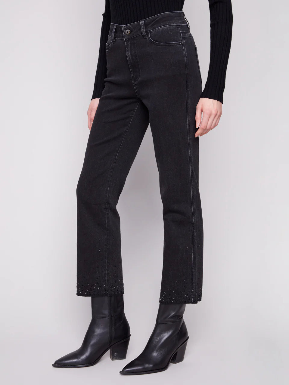 Straight Leg Stretch Denim Pants with Rhinestones At Hem