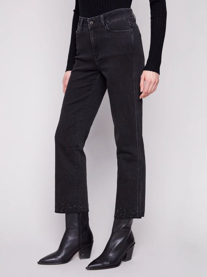 Straight Leg Stretch Denim Pants with Rhinestones At Hem