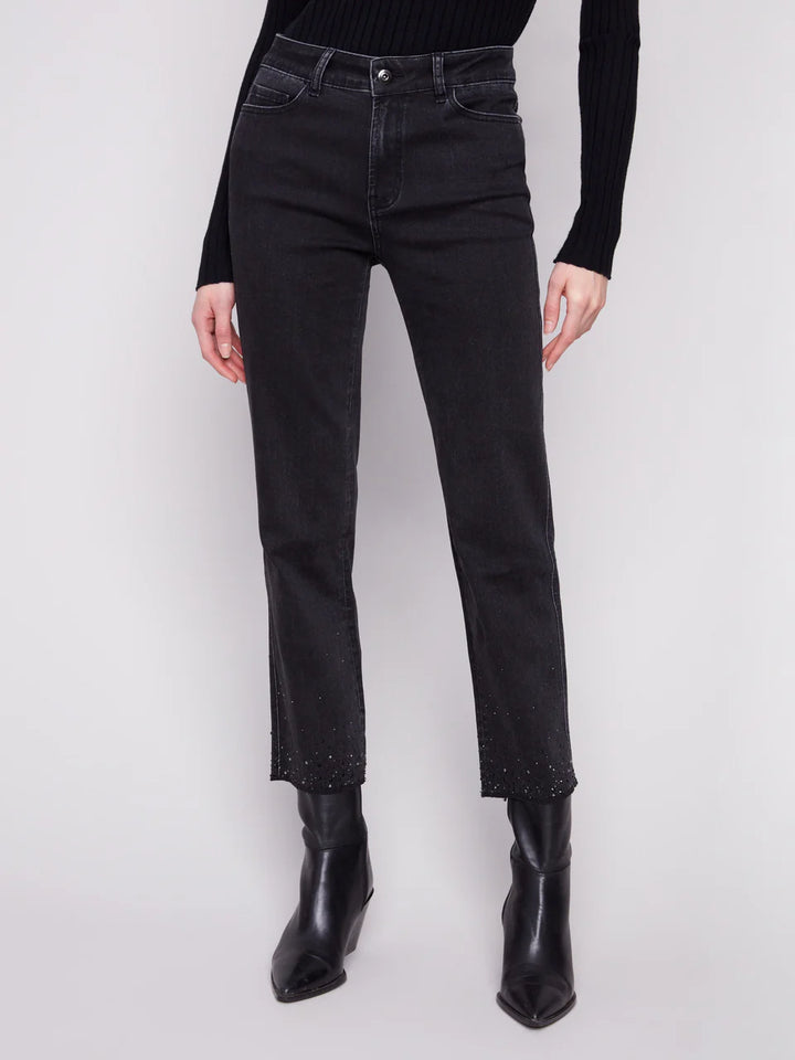 Straight Leg Stretch Denim Pants with Rhinestones At Hem