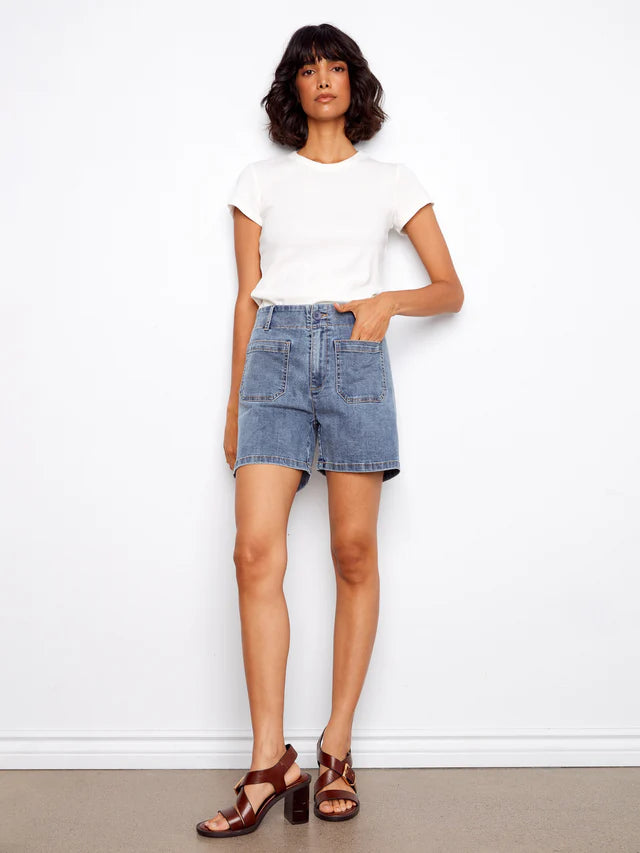 Stretch Denim Shorts With Patch Pockets in Medium Blue