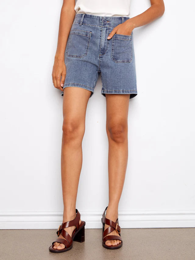 Stretch Denim Shorts With Patch Pockets in Medium Blue