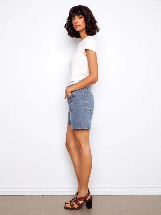 Stretch Denim Shorts With Patch Pockets in Medium Blue