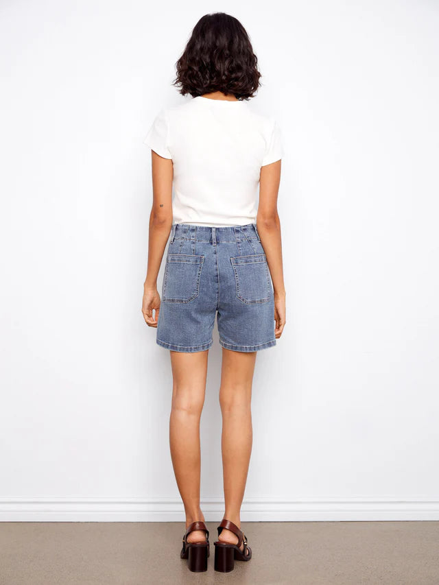 Stretch Denim Shorts With Patch Pockets in Medium Blue