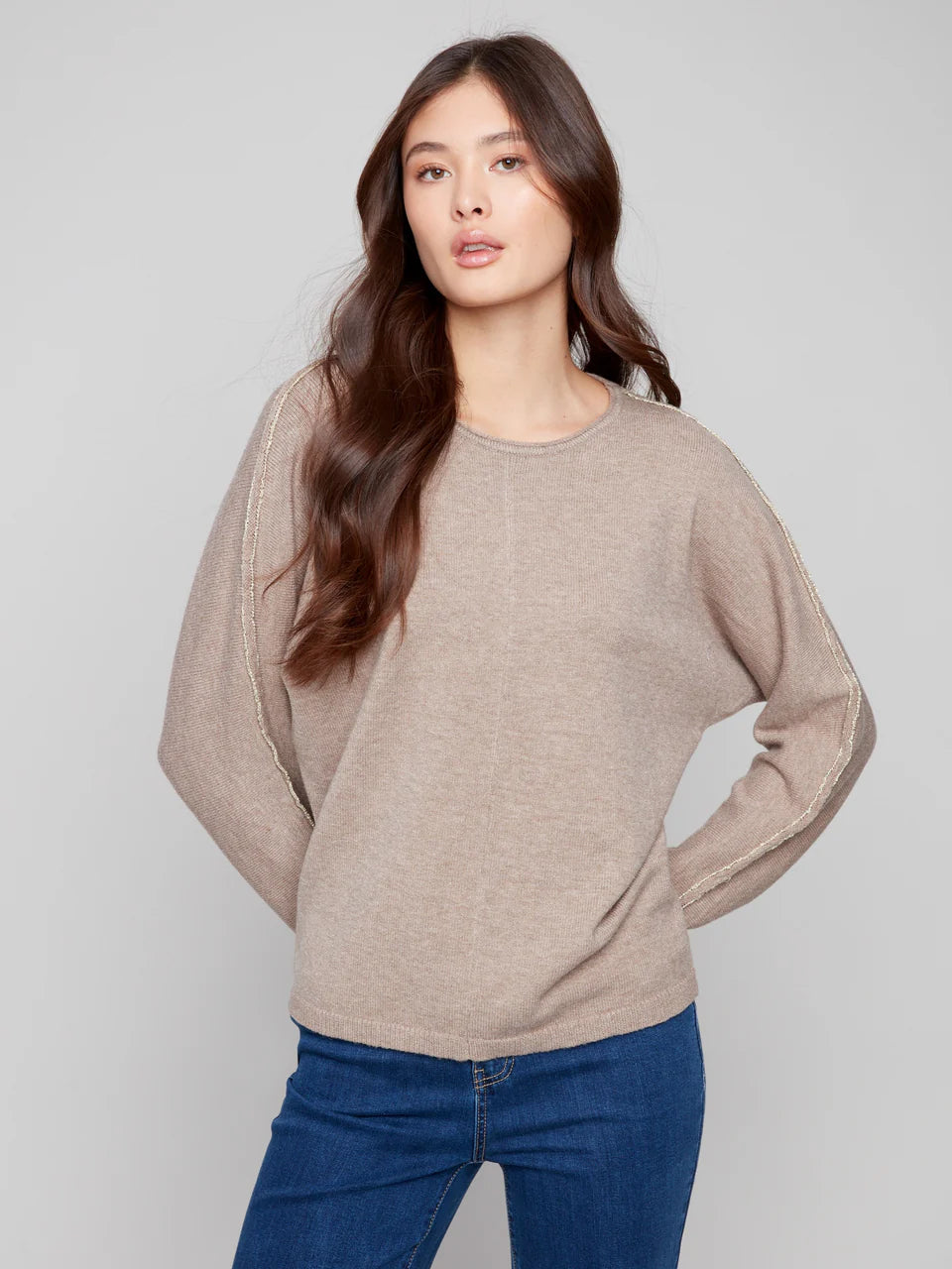 Sweater With Metallic Sleeve Detail - Heather Taupe