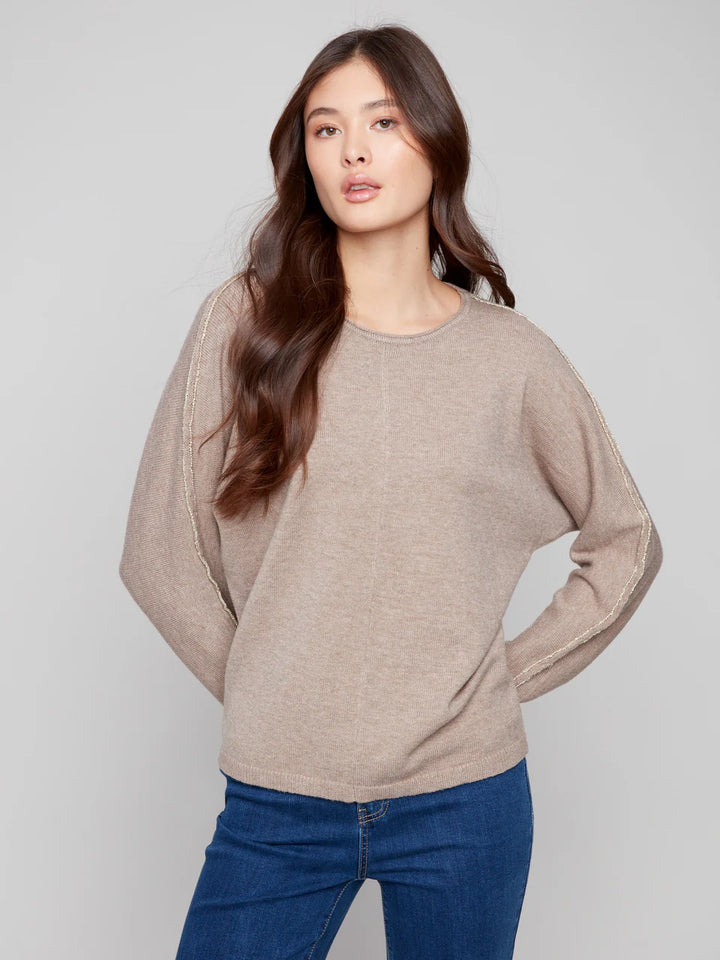 Sweater With Metallic Sleeve Detail - Heather Taupe