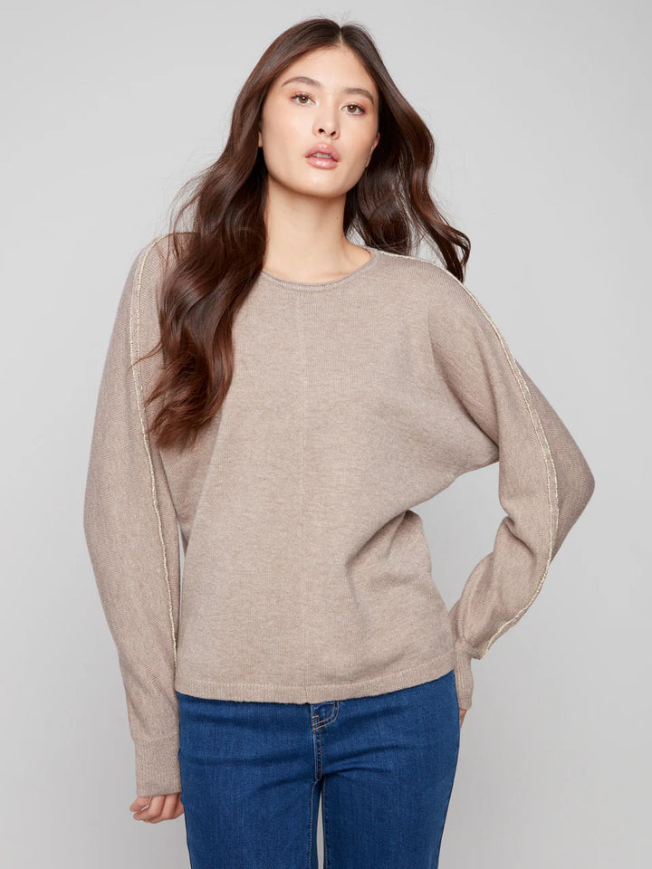 Sweater With Metallic Sleeve Detail - Heather Taupe