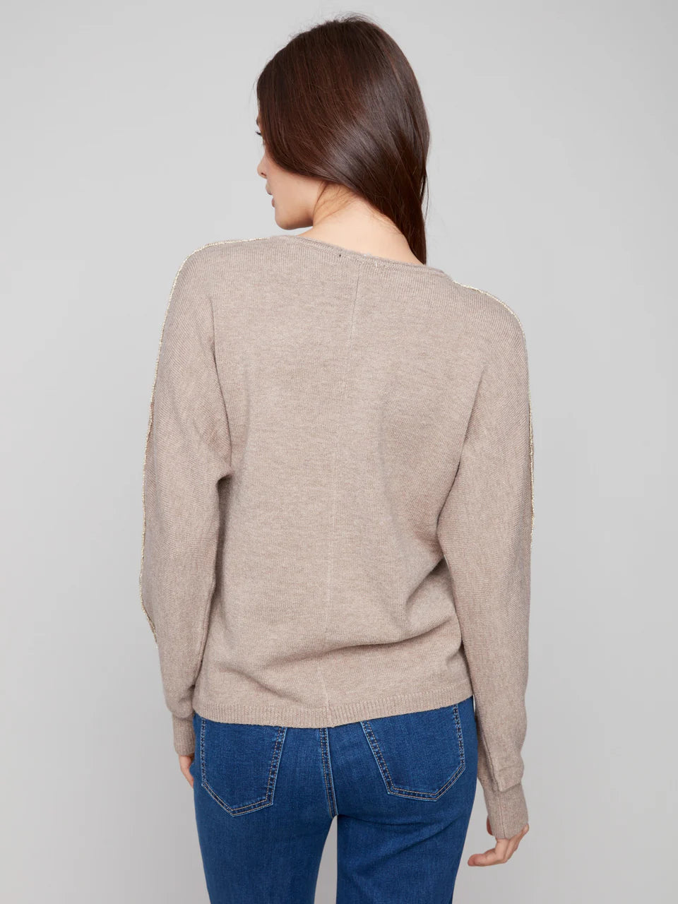Sweater With Metallic Sleeve Detail - Heather Taupe