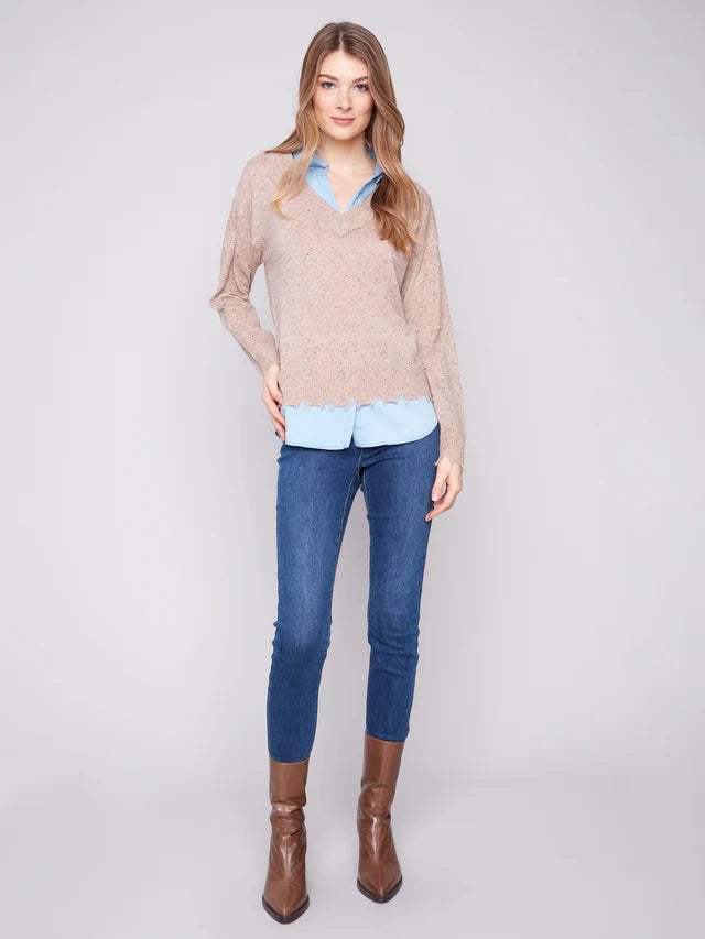 V-Neck Fooler Sweater With Shirt Collar - Oat Flecks