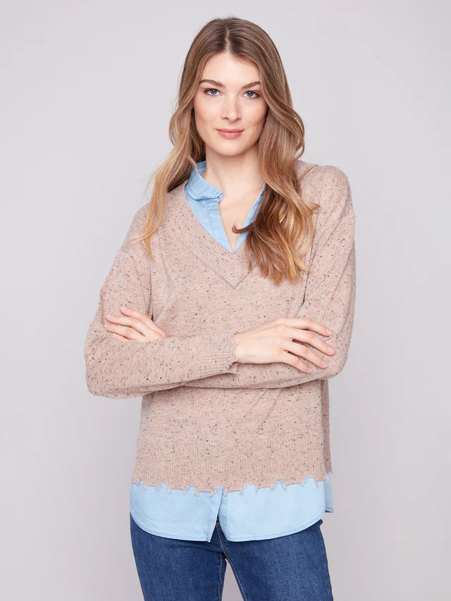 V-Neck Fooler Sweater With Shirt Collar - Oat Flecks