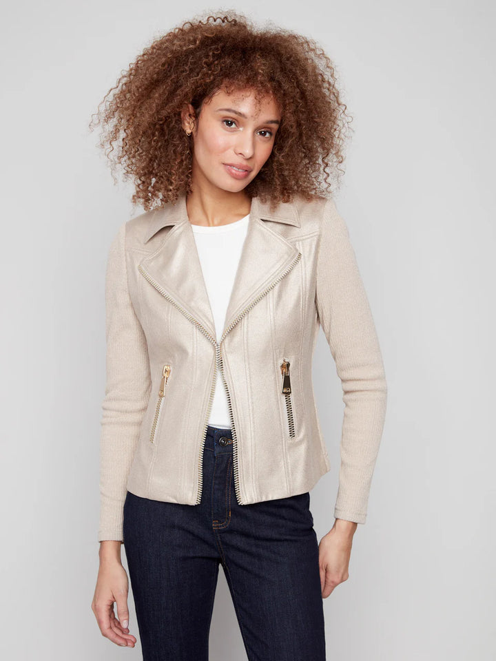 Vintage Metallic Faux Leather And Rib Knit Jacket - Brass