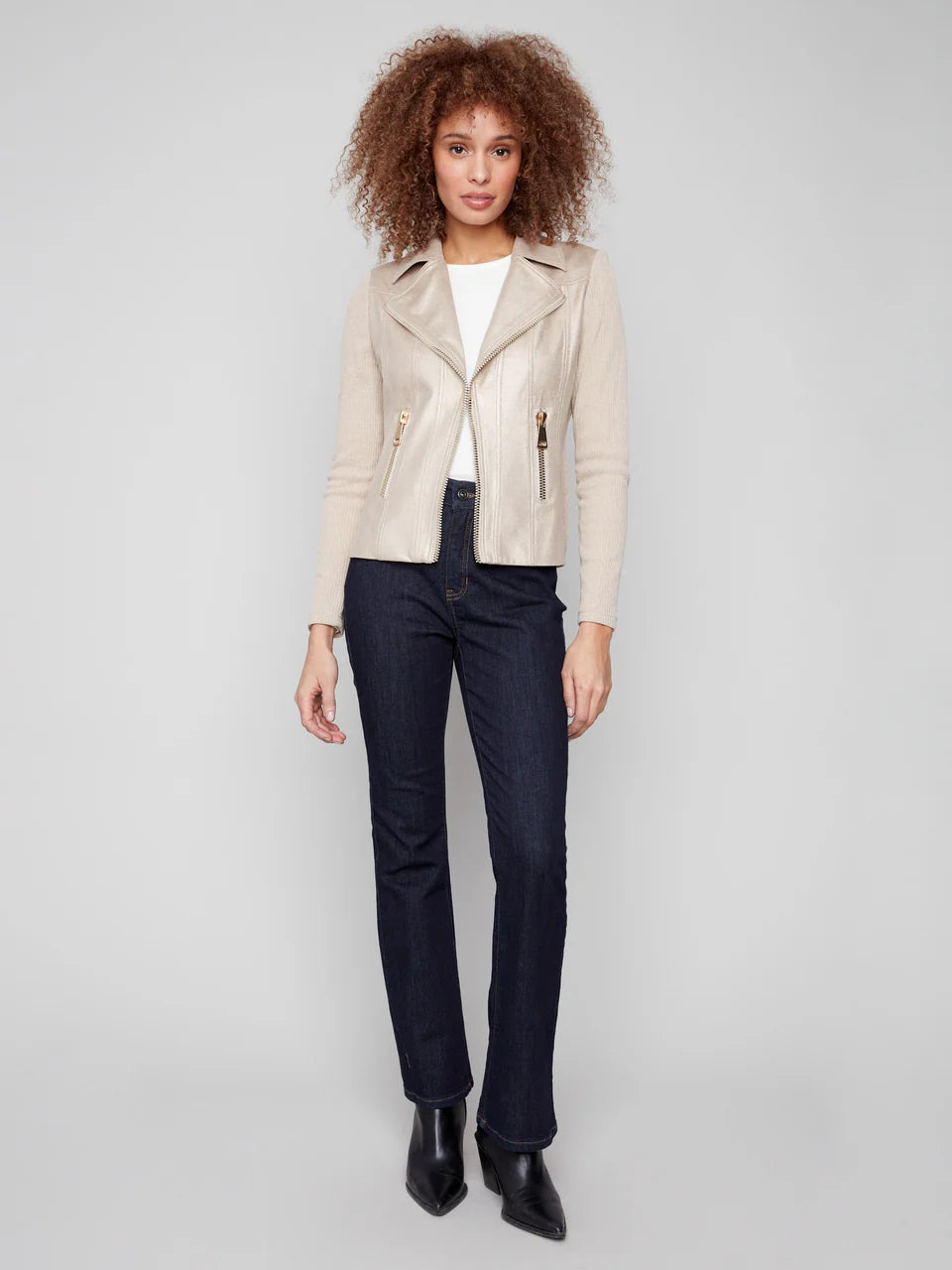 Vintage Metallic Faux Leather And Rib Knit Jacket - Brass