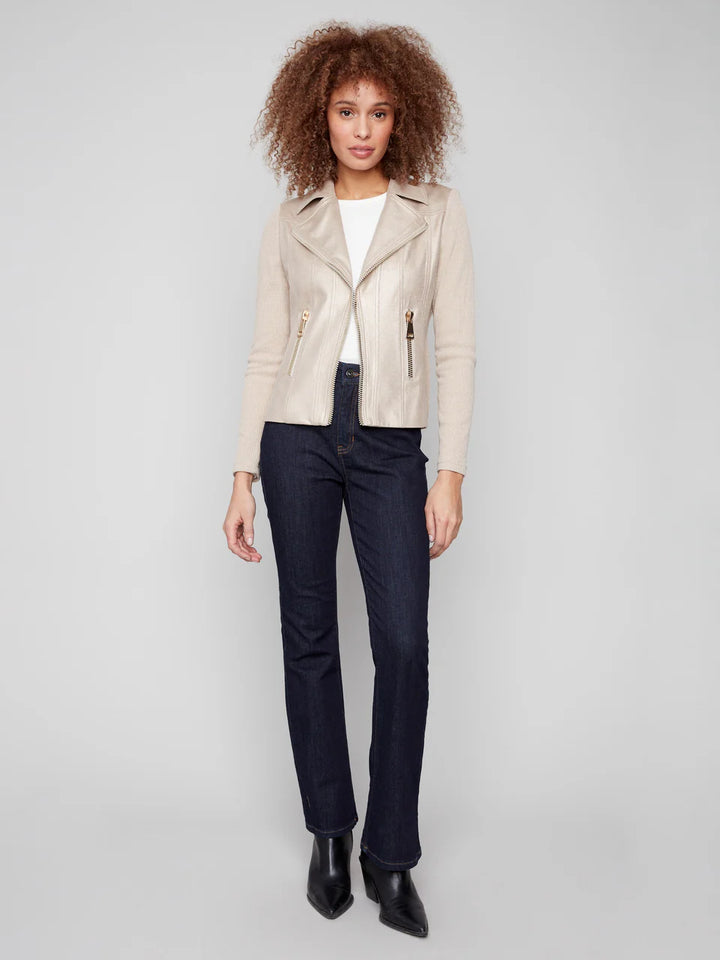 Vintage Metallic Faux Leather And Rib Knit Jacket - Brass