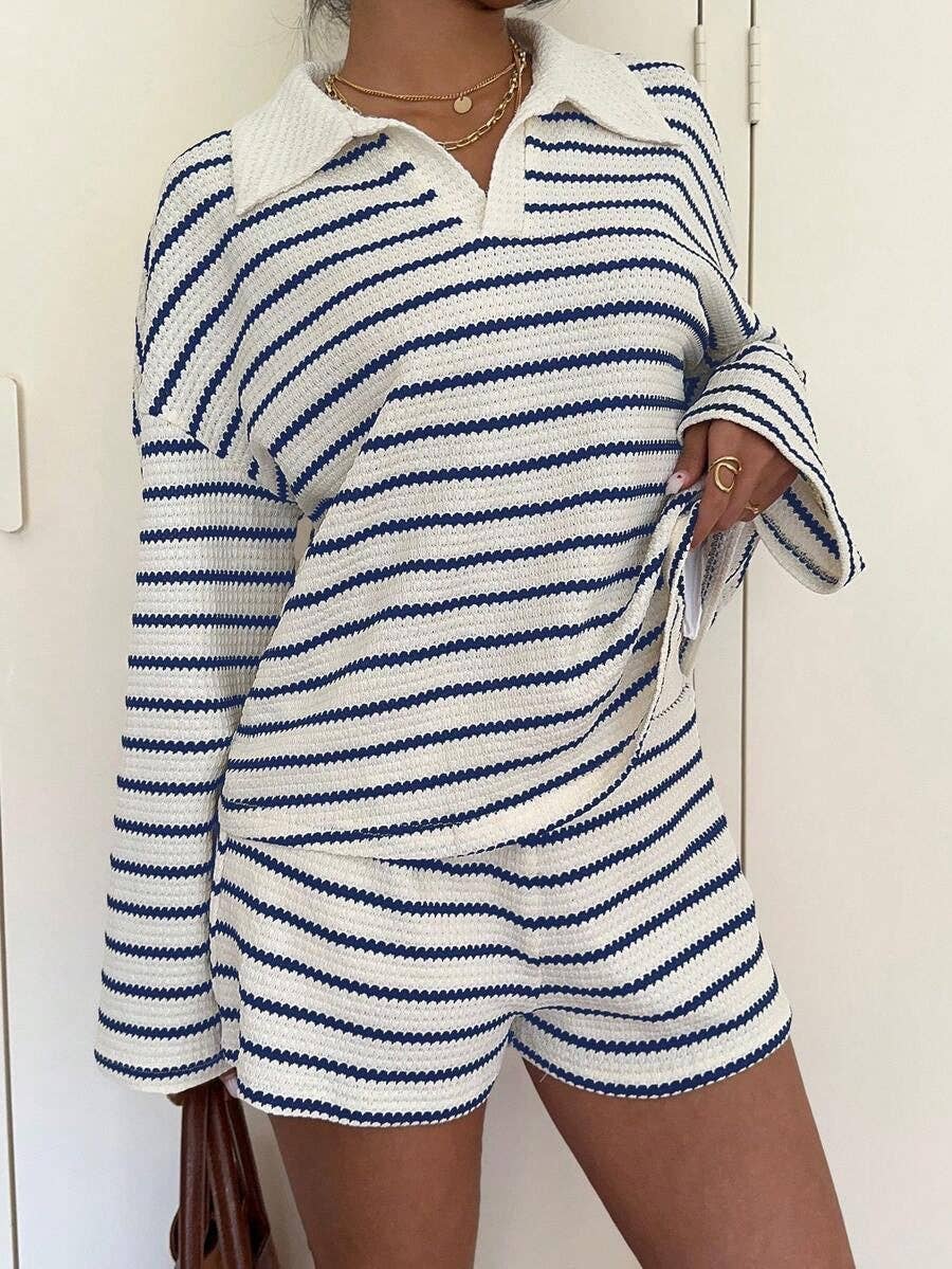 Striped Polo Lounge Set Resort Textured Collared Oversized in Apricot