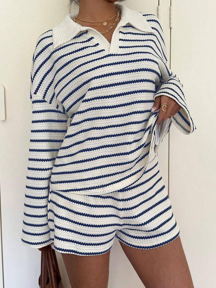 Striped Polo Lounge Set Resort Textured Collared Oversized in Apricot