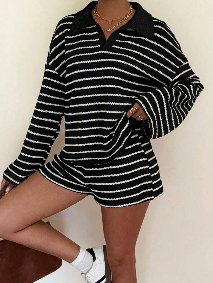 Striped Polo Lounge Set Resort Textured Collared Oversized in Black