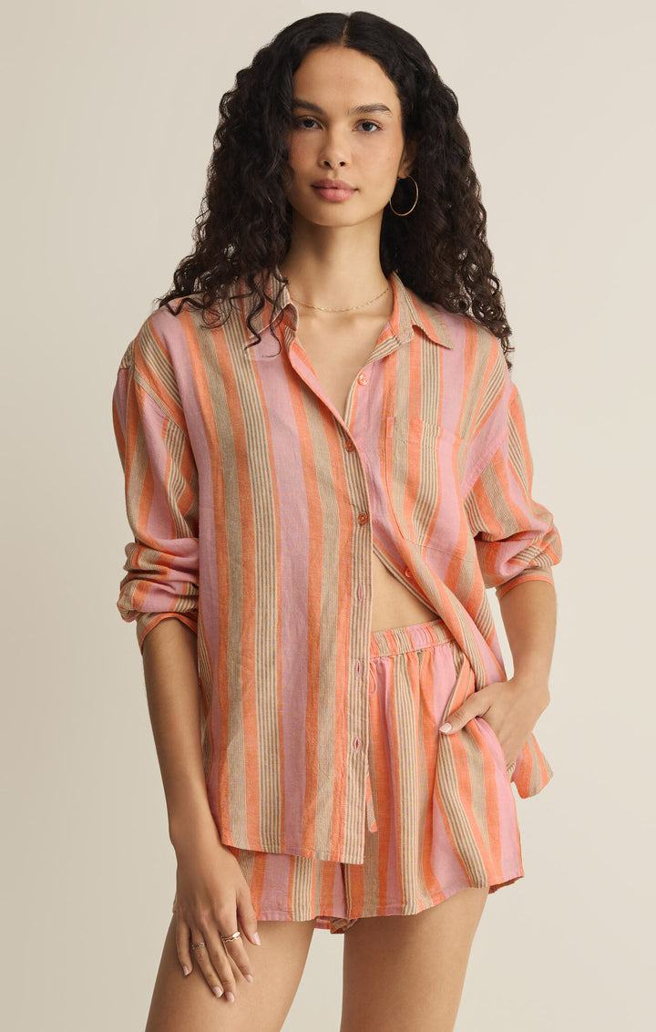 The Perfect Stripe Button Up in Tiger Lily