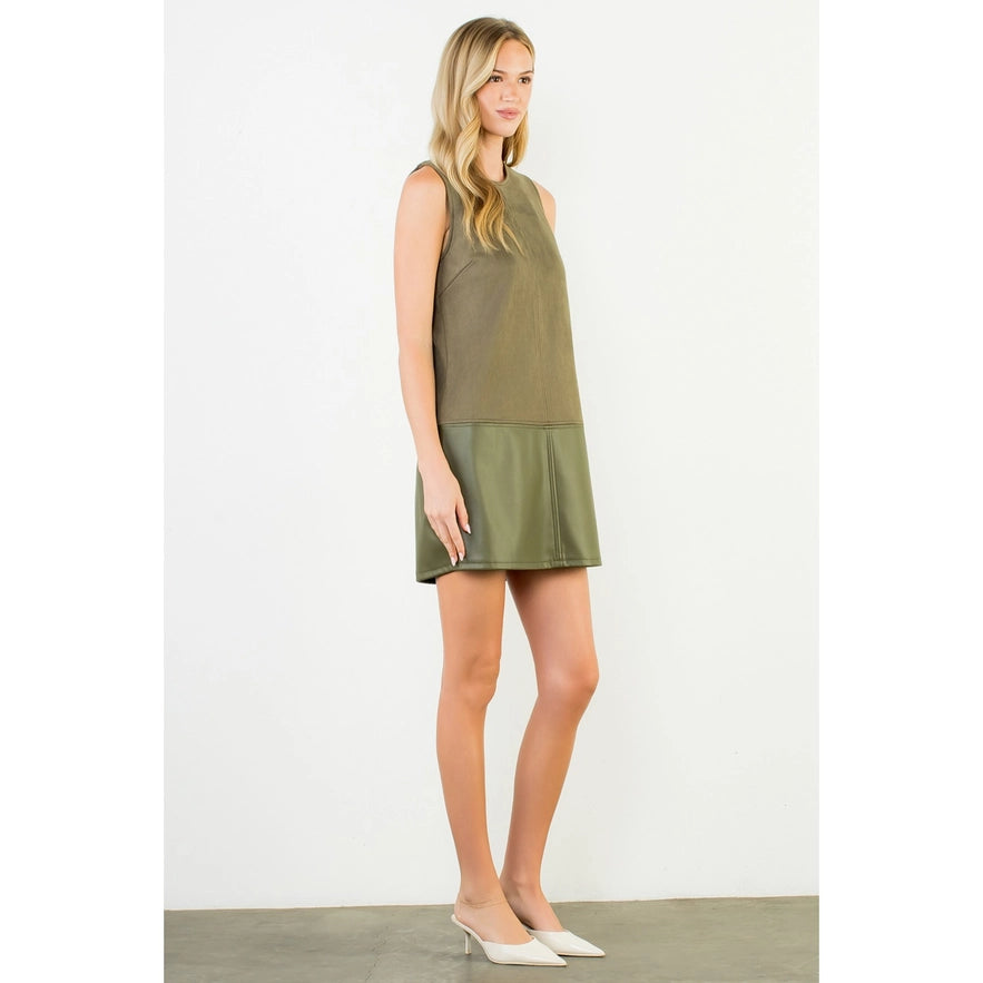Sleeveless Mixed Media Dress - Olive