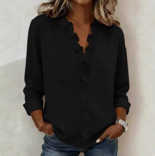 Ruffle Trim V Neck Long Sleeve Button Blouse in Black