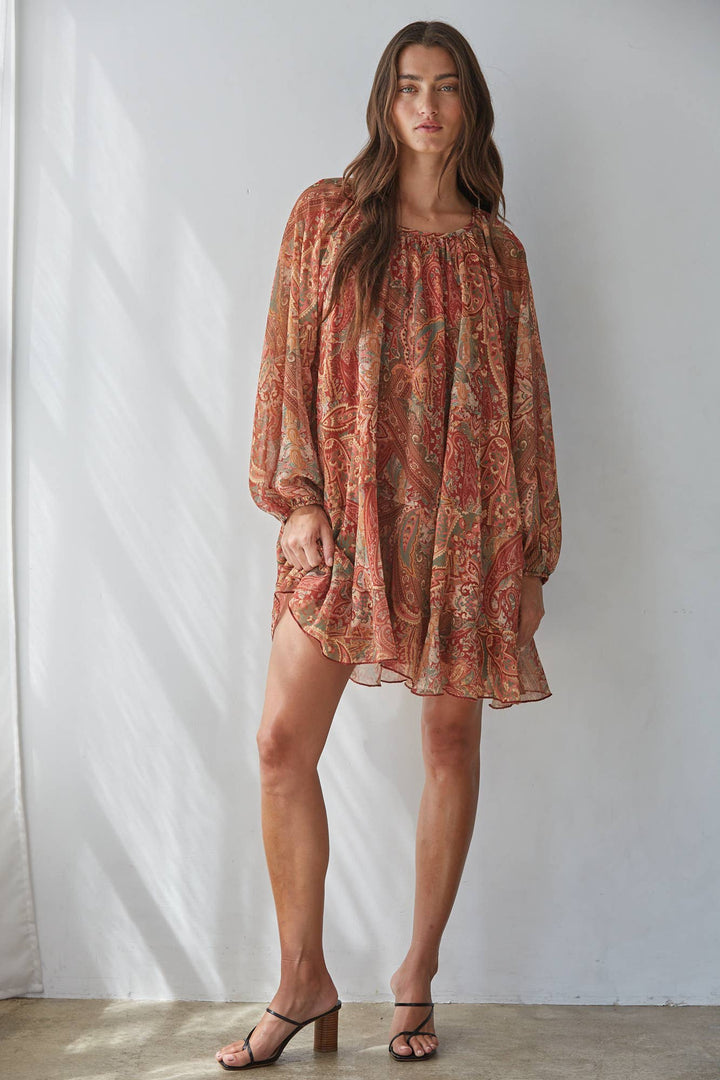 Woven Polyester Paisley Print Layered Mini Dress