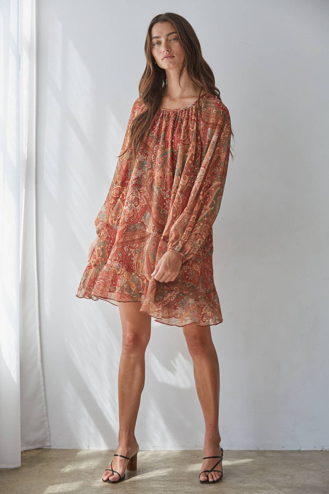 Woven Polyester Paisley Print Layered Mini Dress