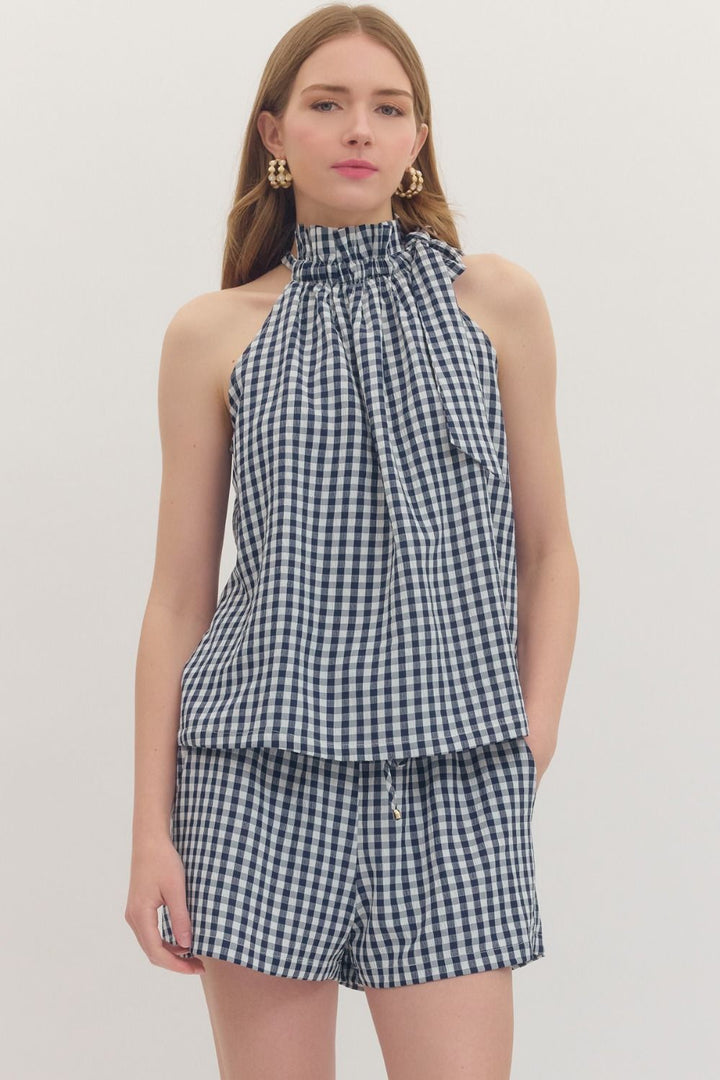 Brisa Navy Gingham Top