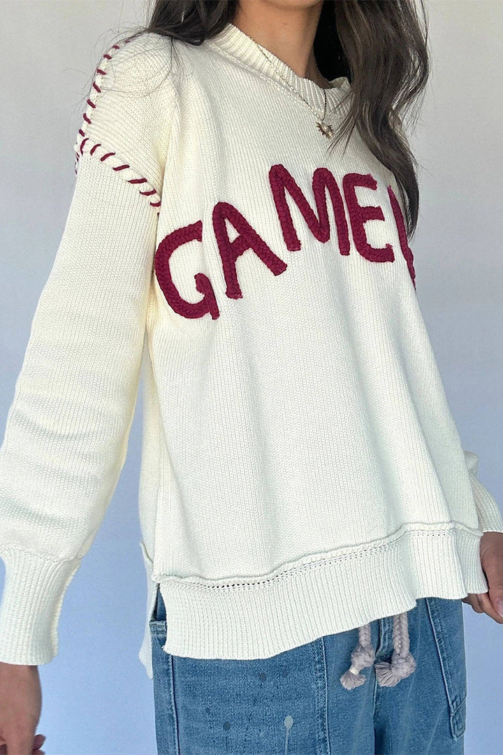 Drop Shoulder Game Day Letter Print Pullover Sweater