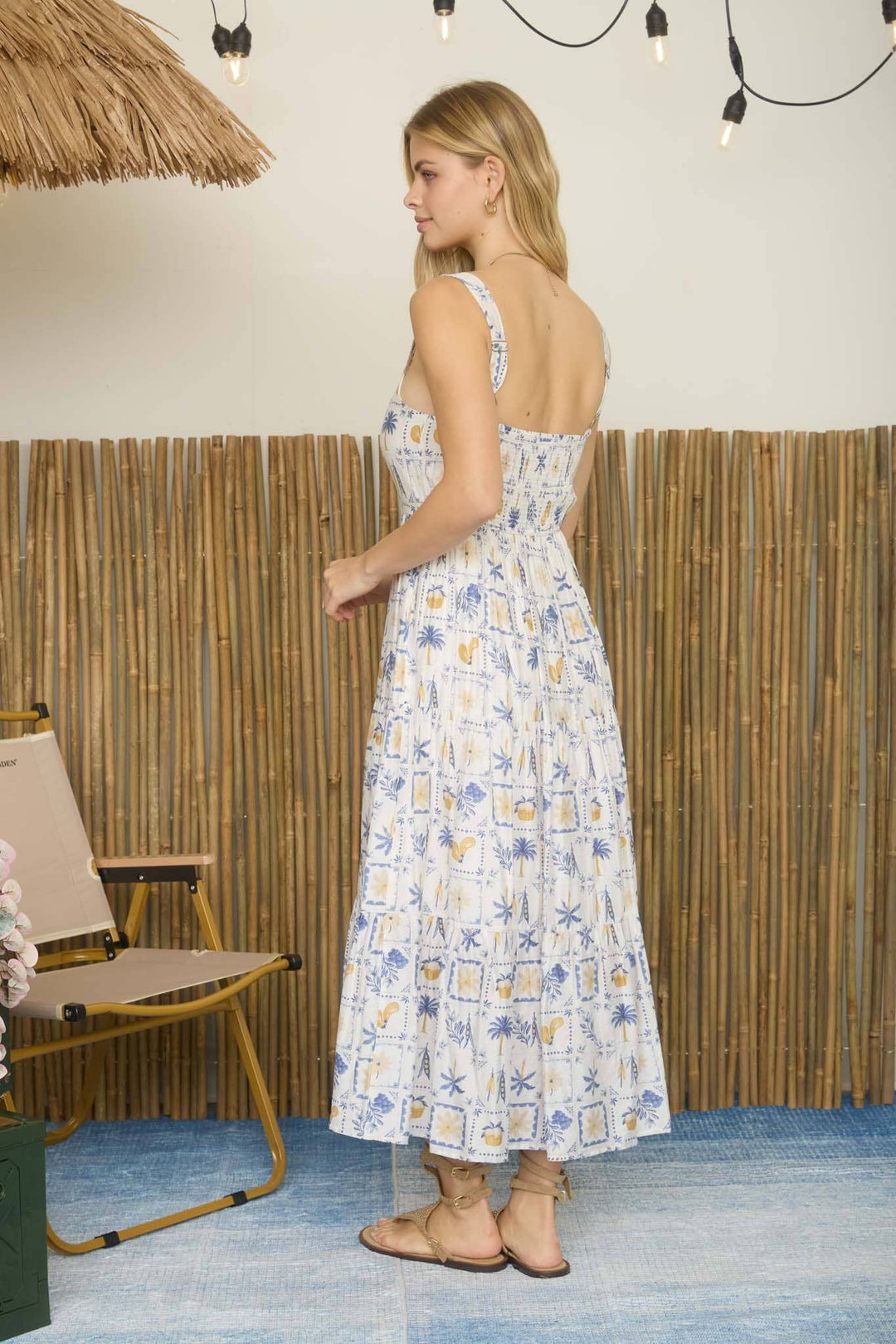 Paradise Motif Spaghetti Strap Tiered Midi Dress