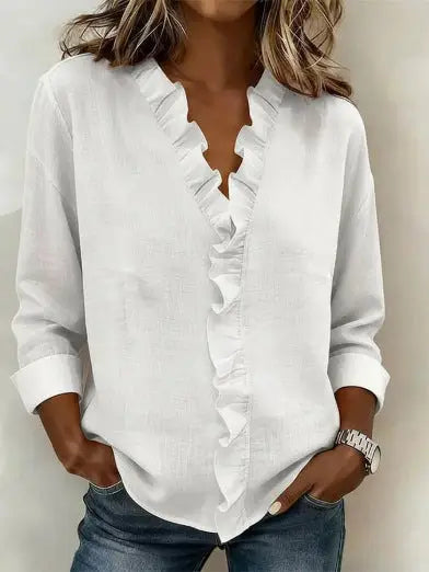 Ruffle Trim V Neck Long Sleeve Button Blouse in White