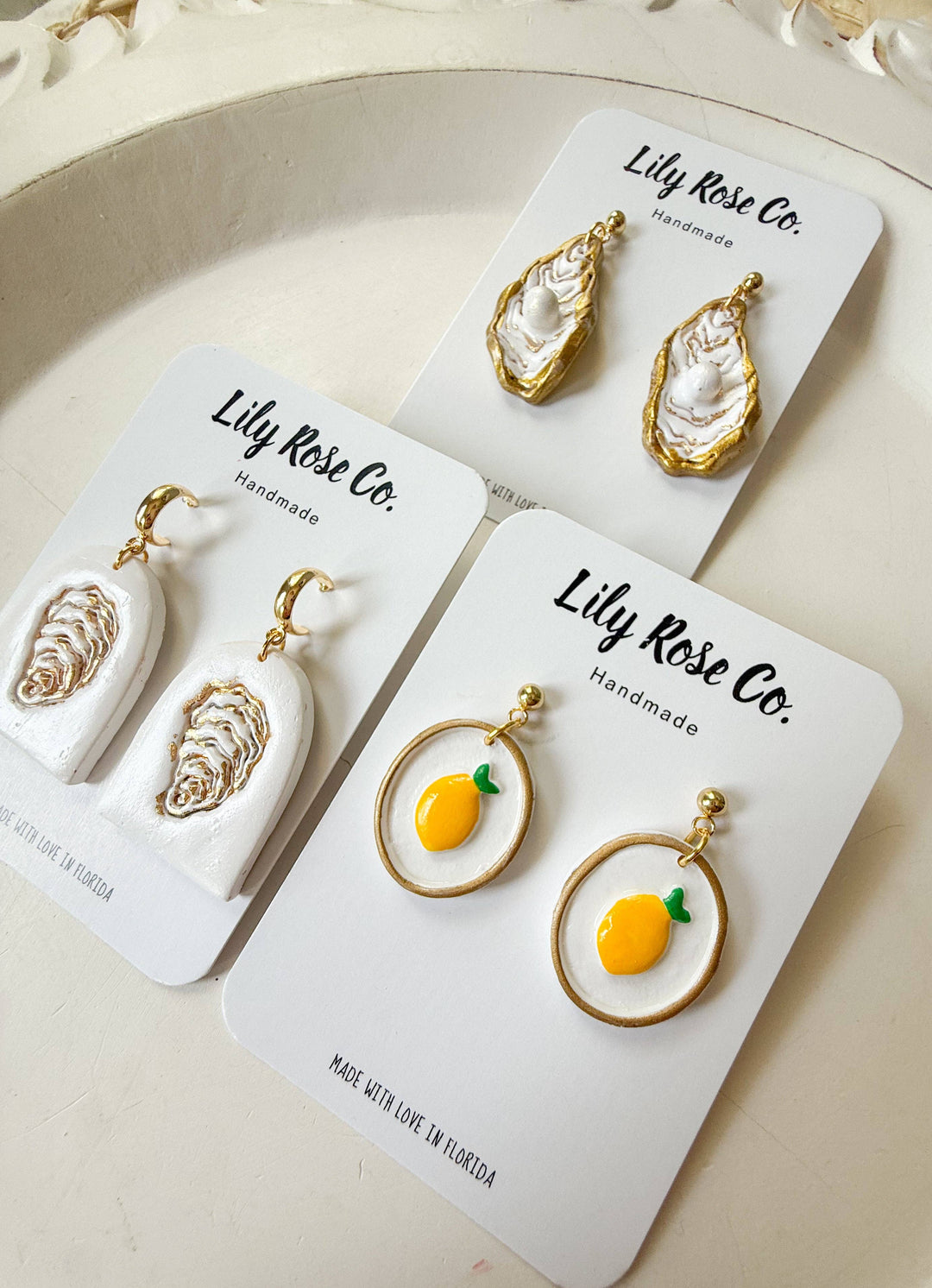 Oyster and Pearl Clay Earrings in Gold and White