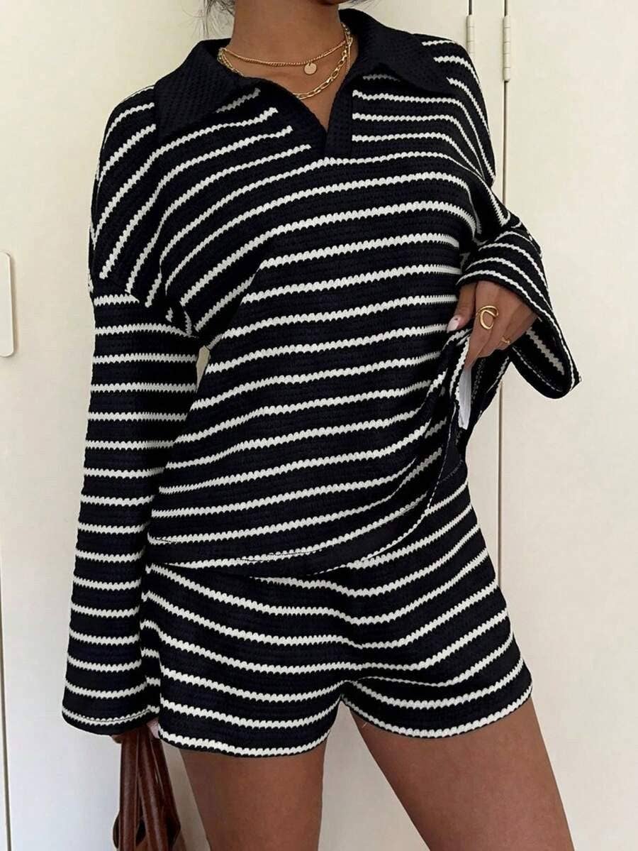 Striped Polo Lounge Set Resort Textured Collared Oversized in Black