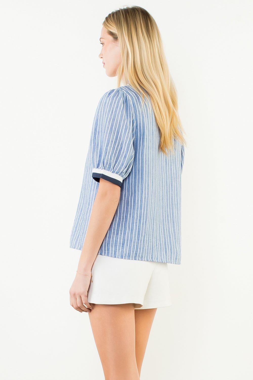 Short Sleeve Striped V Neck Top in Blue and White