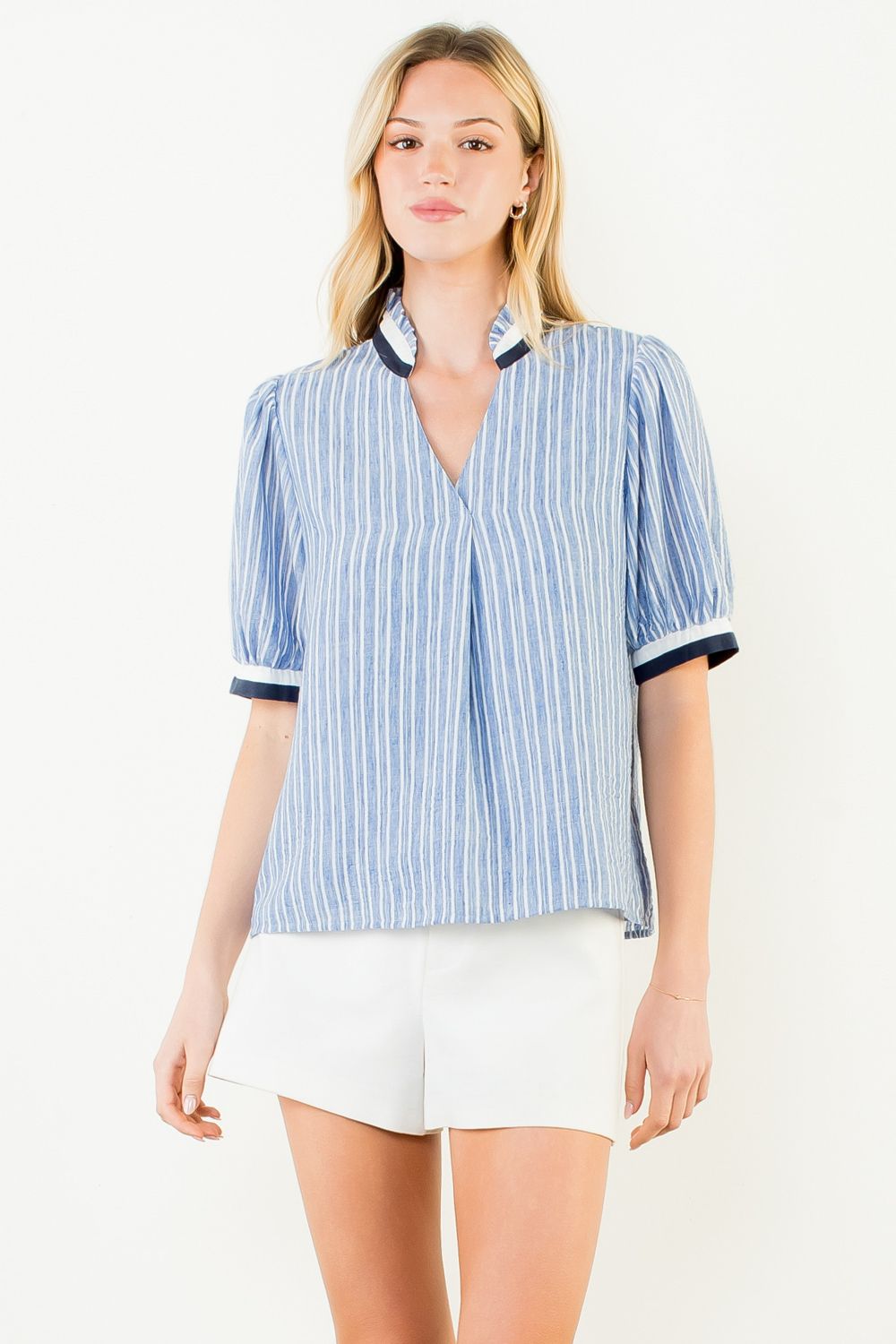 Short Sleeve Striped V Neck Top in Blue and White