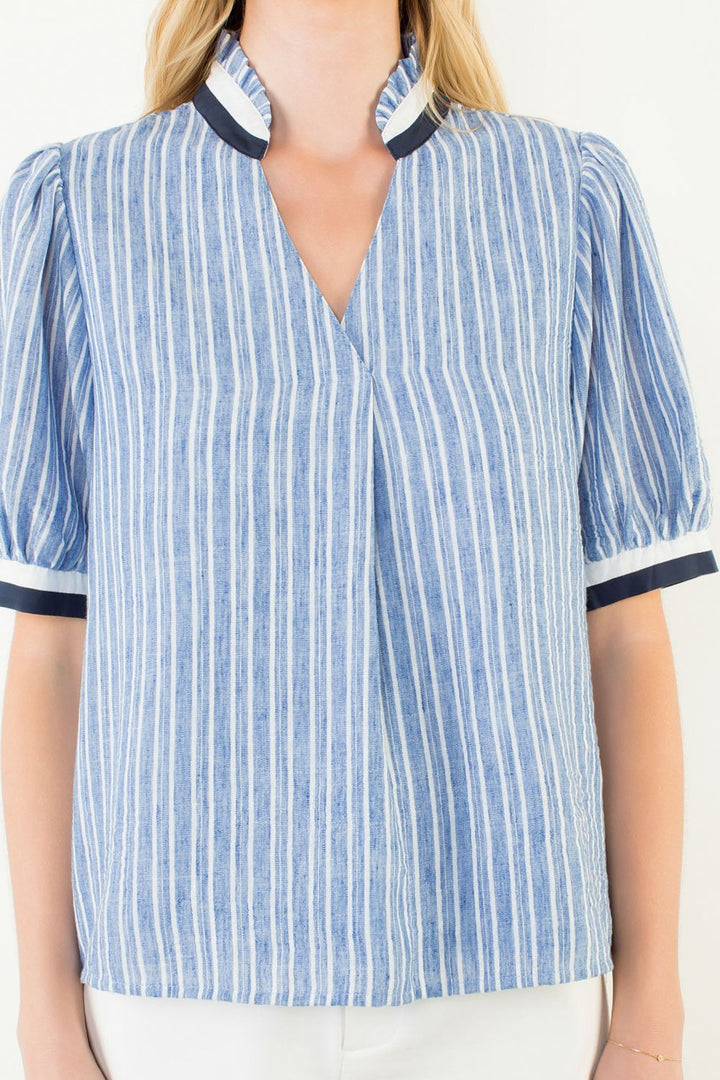 Short Sleeve Striped V Neck Top in Blue and White