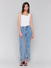 Stretch Denim Front Slit Floral Embroidered Pant