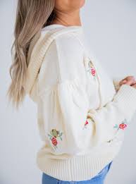Ivory Embroidered Floral Novelty Sweater Hoodie