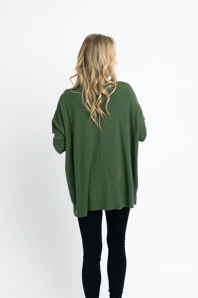 Olive Solid Novelty Cashmere Blend Crew Sweater