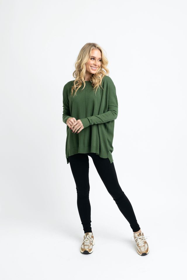Olive Solid Novelty Cashmere Blend Crew Sweater