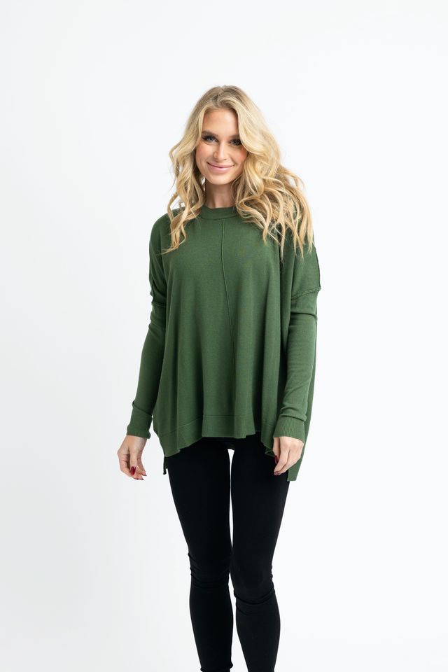 Olive Solid Novelty Cashmere Blend Crew Sweater