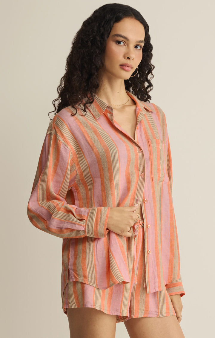 The Perfect Stripe Button Up in Tiger Lily