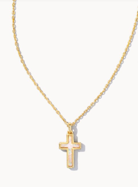 Cross Pendant Necklace in Gold White Opal