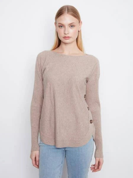 Long SleeveDrop Shoulder Boat Neck Sweater with Side Button in Taupe