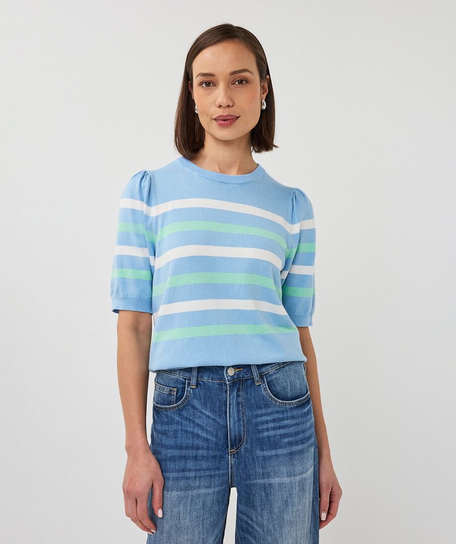 Sweater Puff Sleeve Striped Knit in Pacific Blue