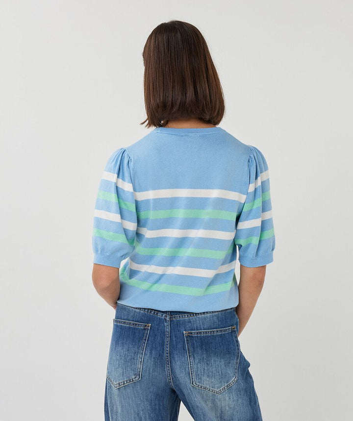 Sweater Puff Sleeve Striped Knit in Pacific Blue