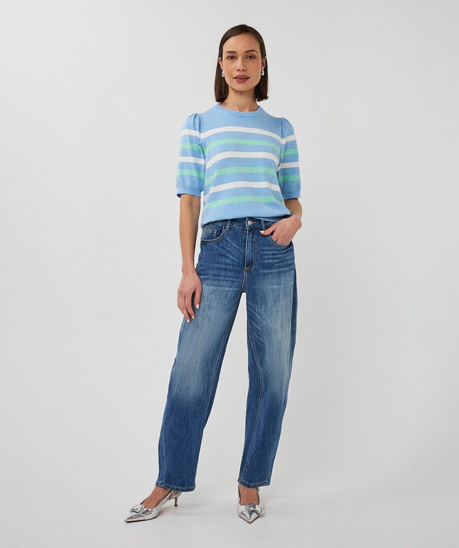 Sweater Puff Sleeve Striped Knit in Pacific Blue