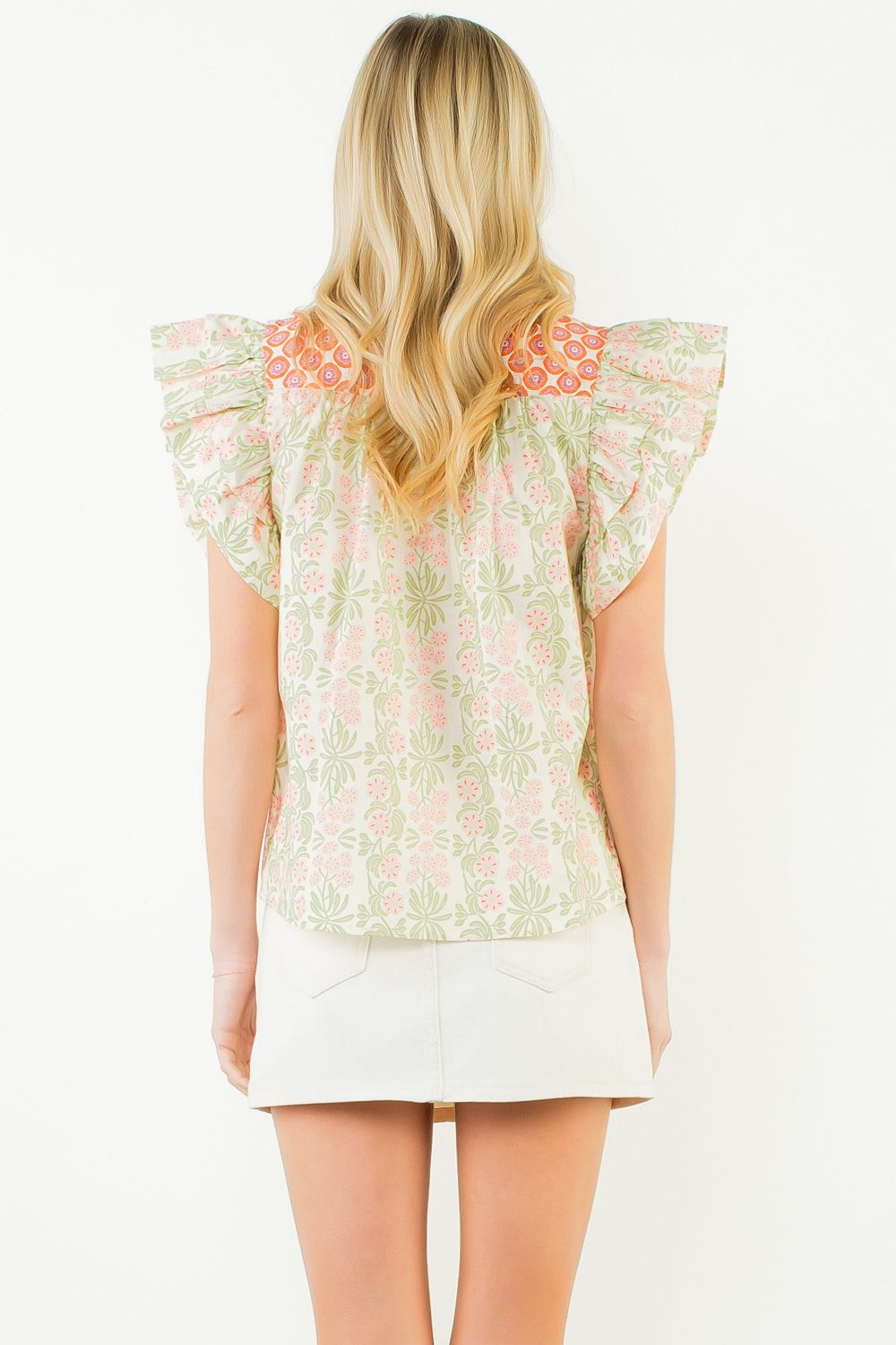 Flutter Sleeve Floral Pattern V Neck Top in Green and Pink